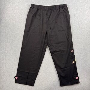 Mureli Pants Womens XL Black Embroidered Bee Hive Linen Blend Crop Cargo Summer